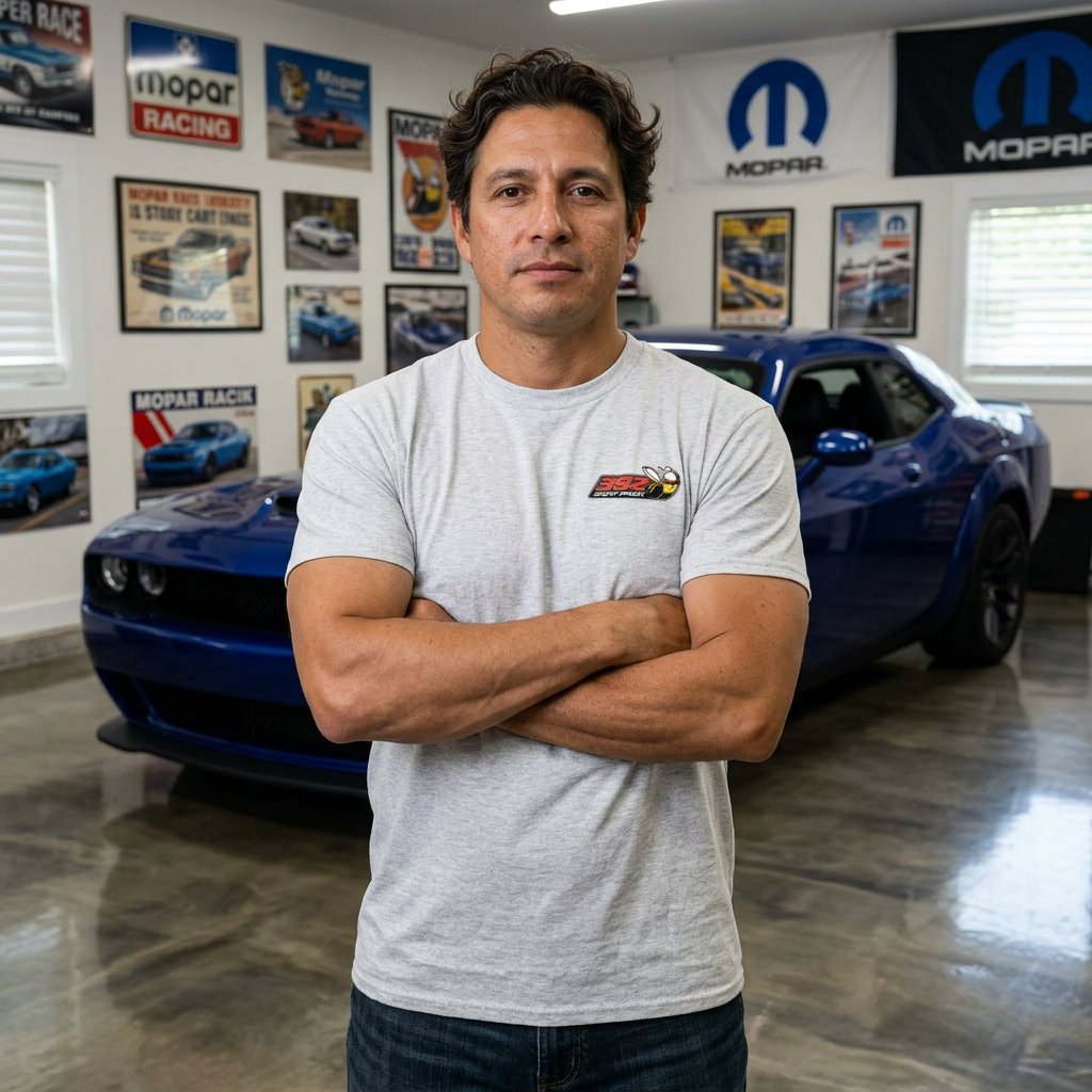 392 Scat Pack IndiGO Blue Muscle Car T-Shirt | Street Drag Racing Show Tee - Image 2