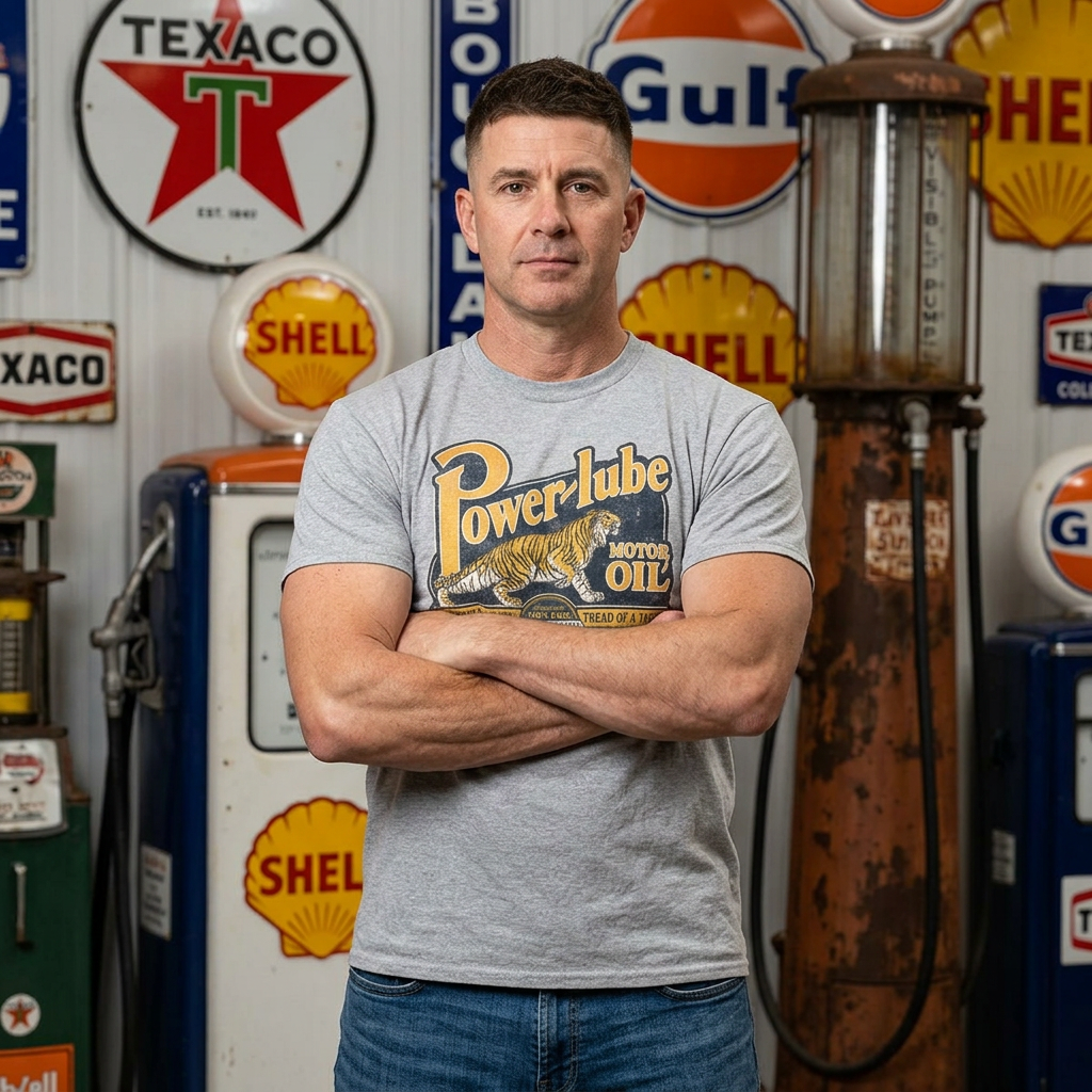 Power Lube Motor Oil Vintage Style Gas & Oil Sign T-Shirt Tee S-3XL